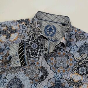 AU NOIR Ashar Mens Dress Shirt 4 L Large Blue Mosaic Floral Geometric Stretch